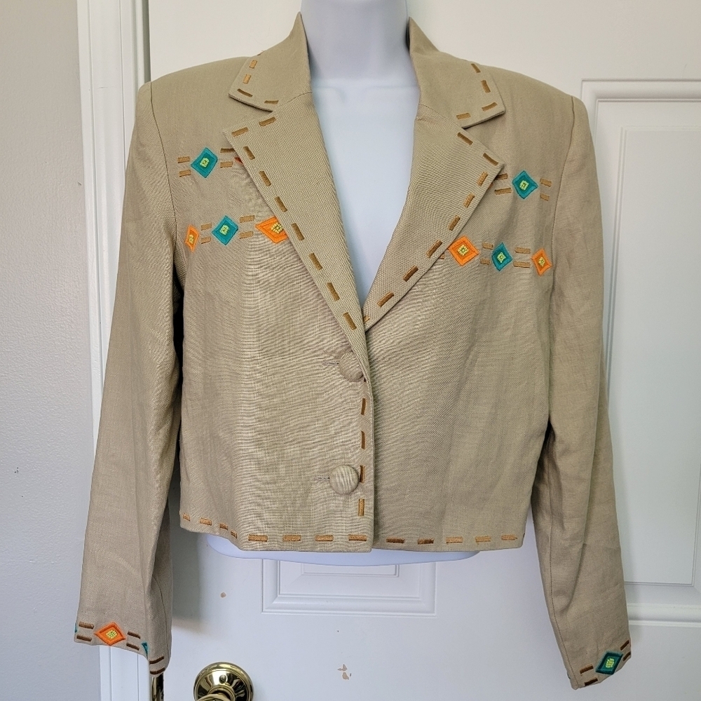 Adam Douglass Adrianna Papell 100% Linen Embroidered Southwest Women's Jacket S